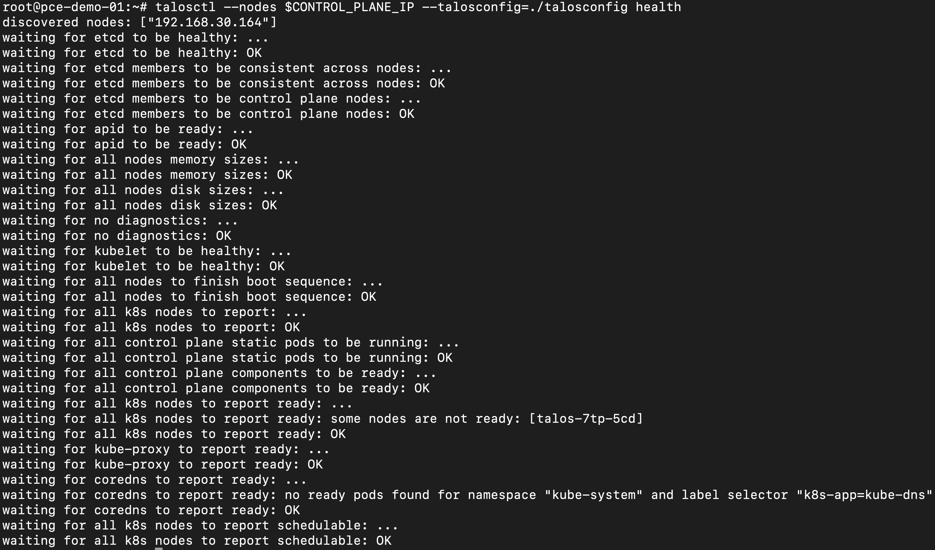Terminal output of talosctl health showing the control plane and nodes healthy