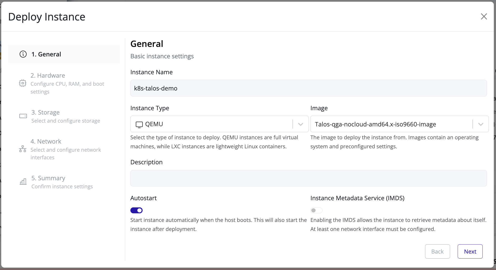 Instance name, type, and image selected