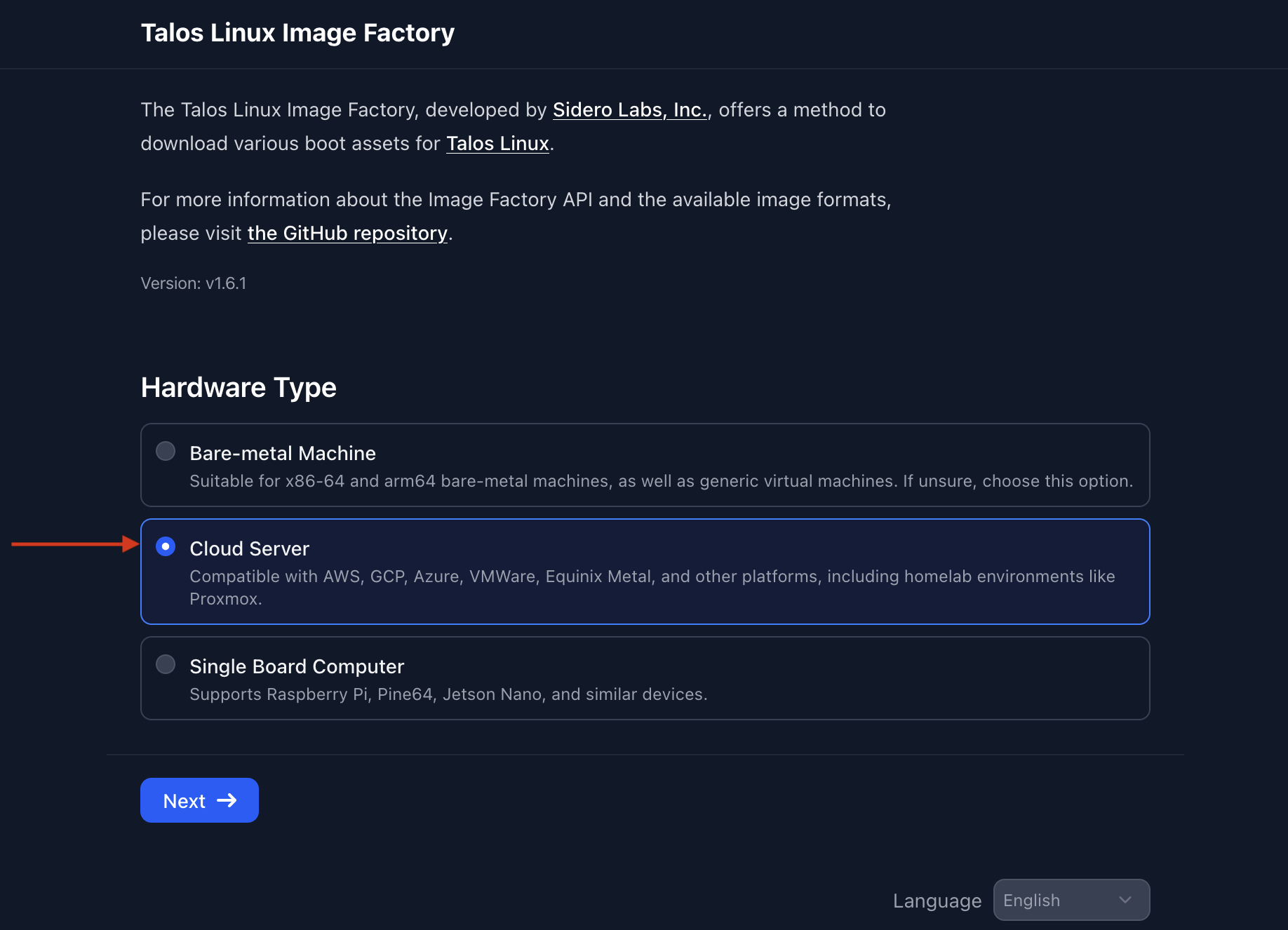 Image factory form with Cloud Server selected