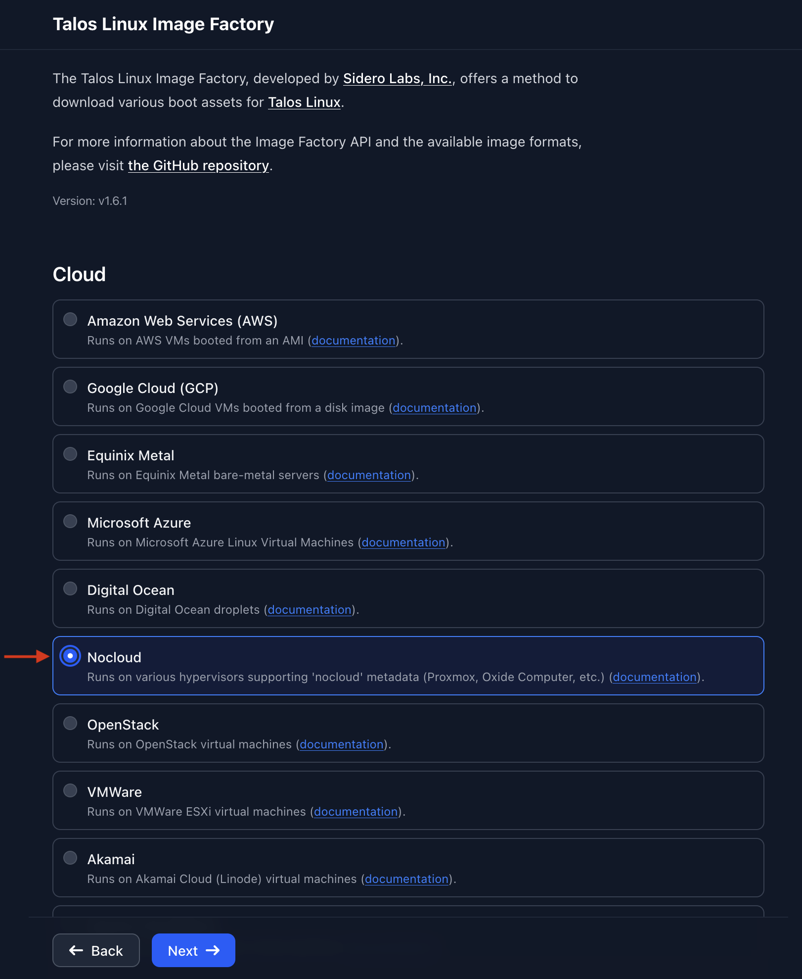 Image factory form with Nocloud selected