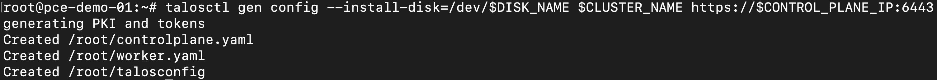 Terminal output of talosctl gen config showing the generated files
