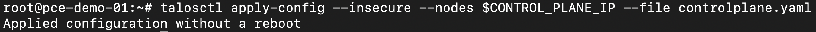 Terminal output of talosctl apply-config showing the configuration being applied to the control plane node