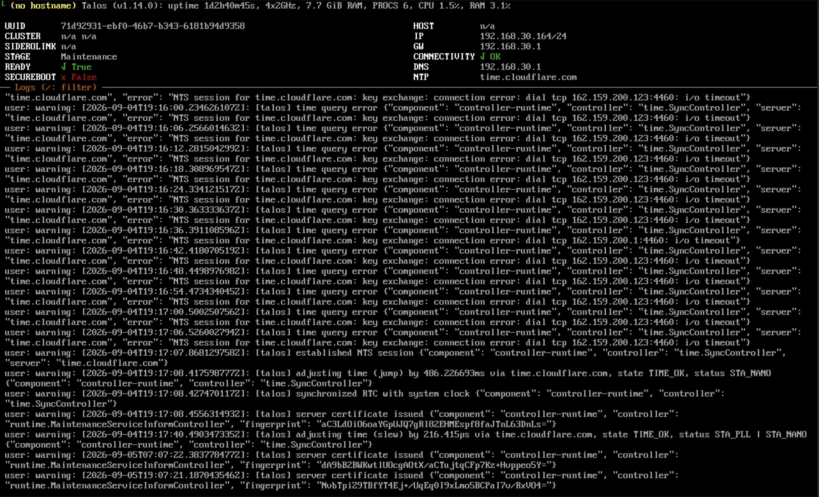 Talos maintenance environment with logs and its IP address displayed
