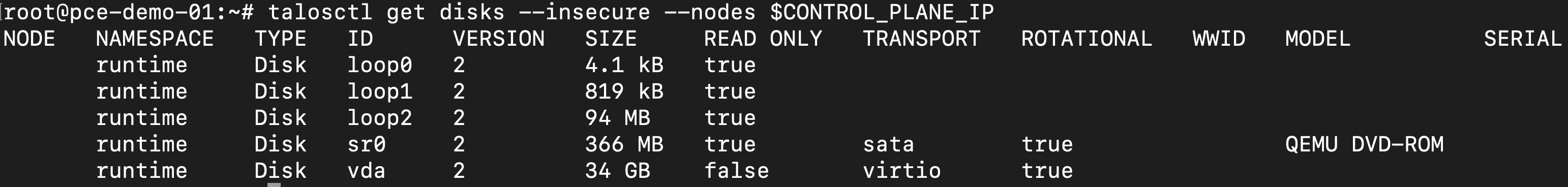 Terminal output of talosctl get disks showing the attached disk(s) listed