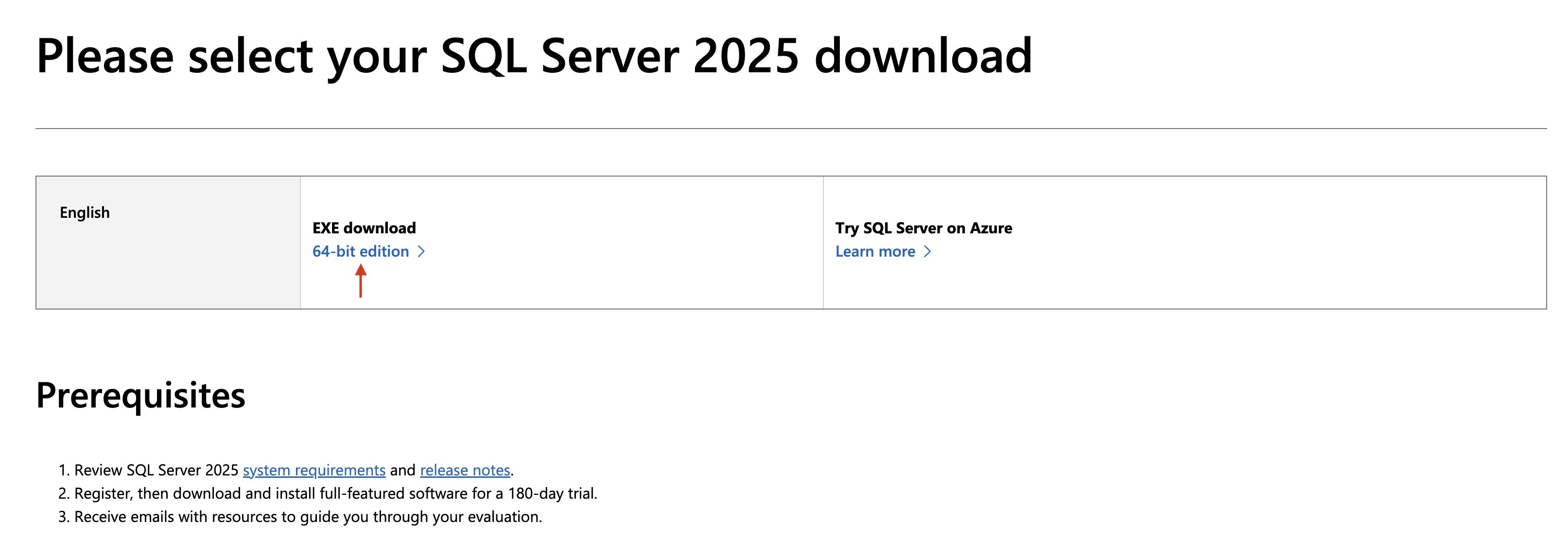 Microsoft Evaluation Center - SQL Server 2025 Download page with the EXE download for the 64-bit edition highlighted