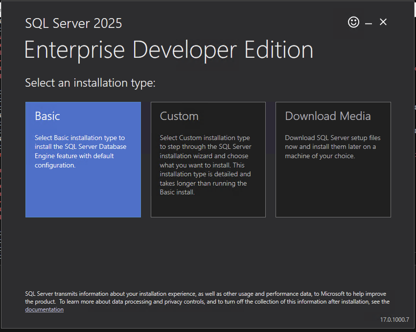 SQL Server setup with Basic Installation option highlighted