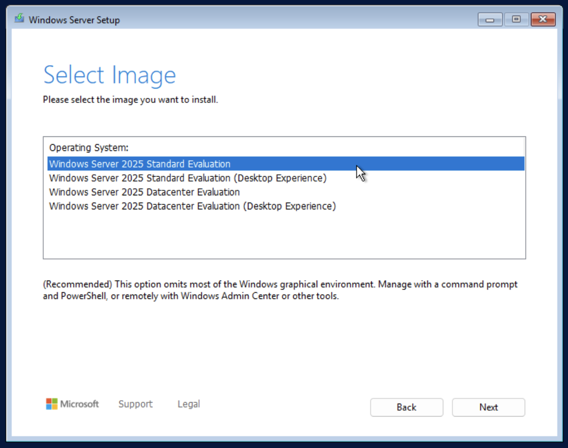 Windows Setup Image Select screen with Windows Server 2025 Standard Edition highlighted