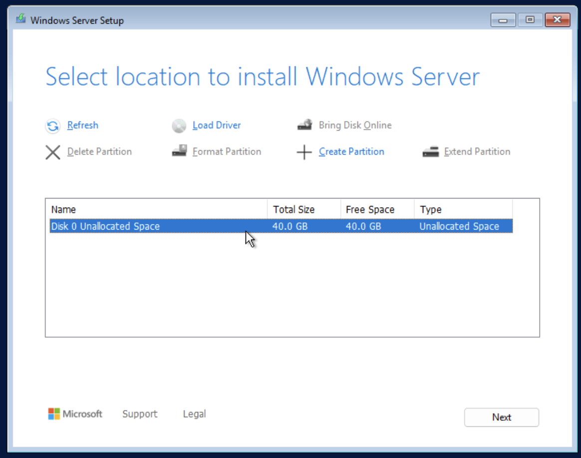 Windows Setup drive selection screen with the attached disk selected