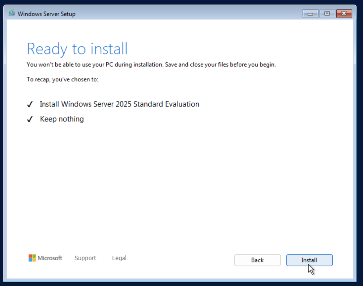 Windows Setup installation confirmation screen