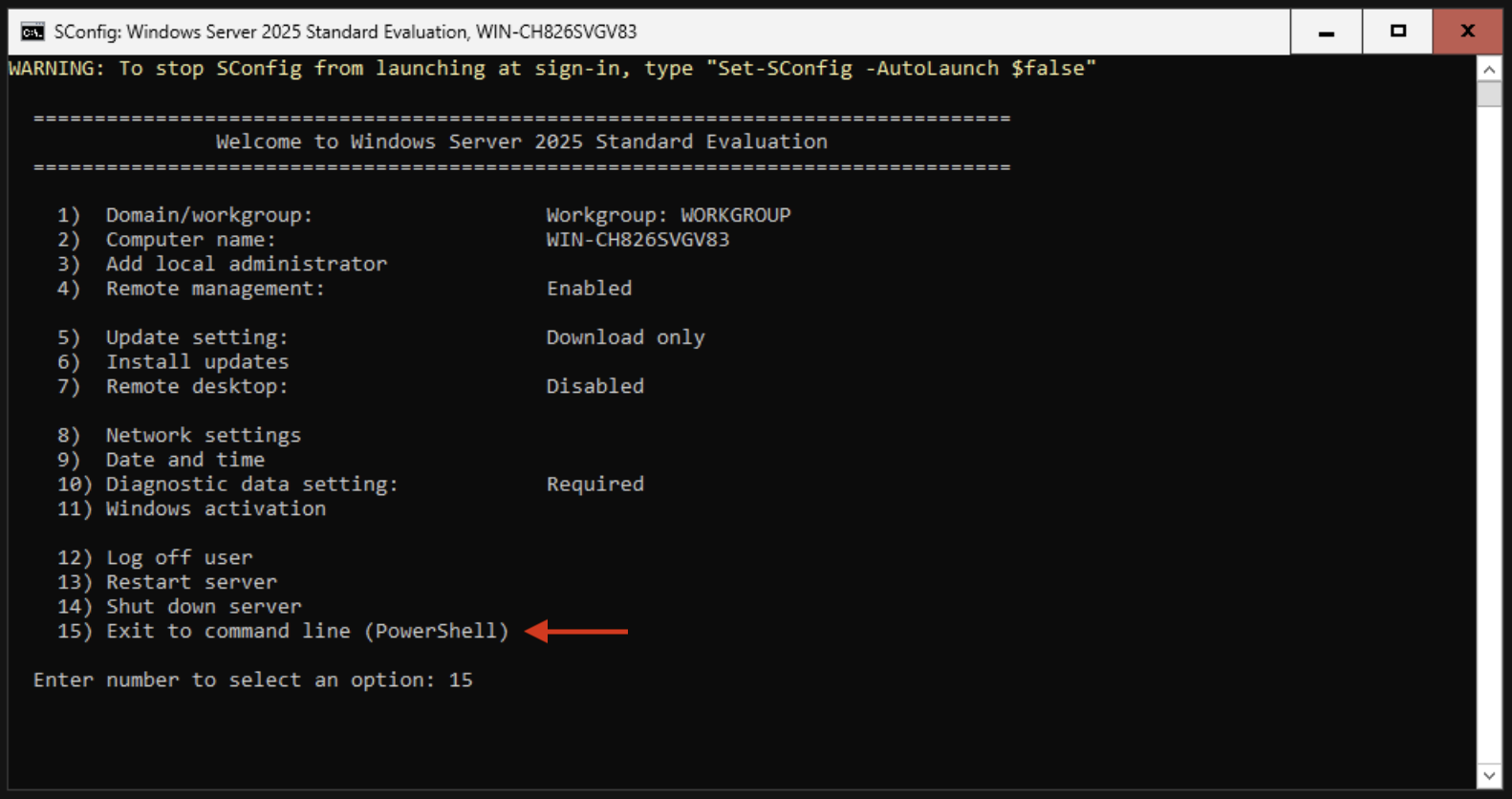 SConfig.exe main menu with the Exit to command line (PowerShell) option highlighted