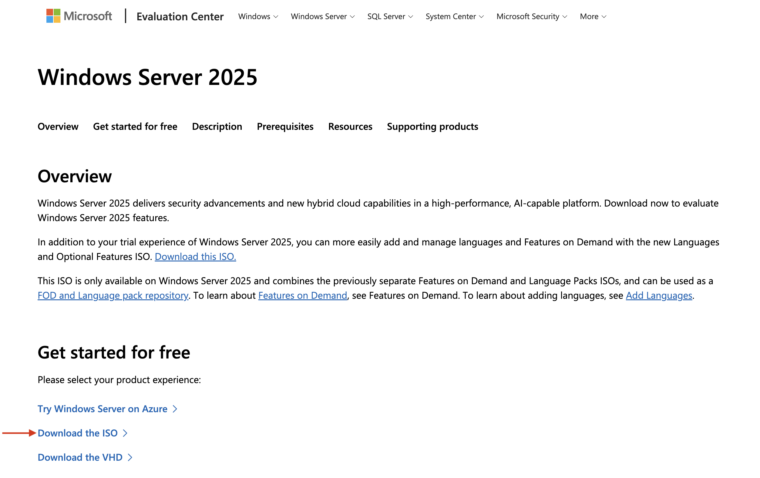Microsoft Evaluation Center Windows Server 2025 landing page with ISO download link