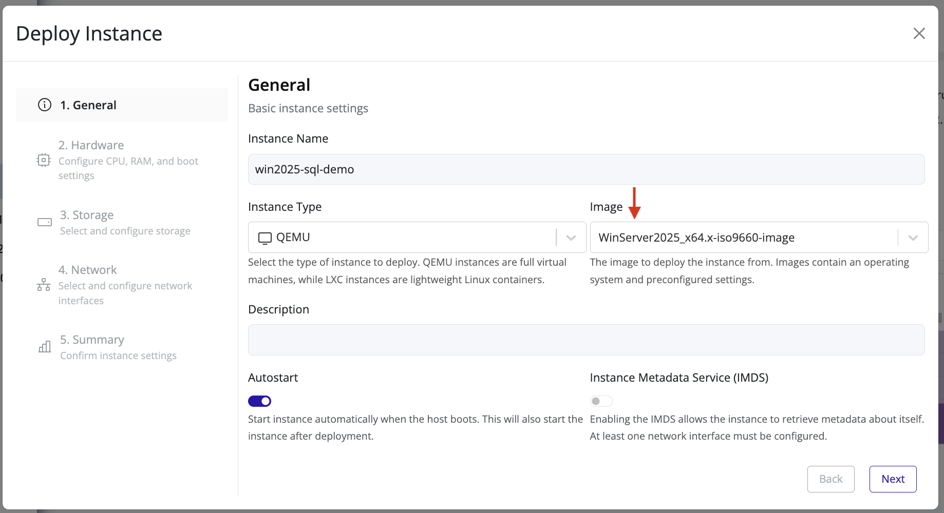 Pextra CloudEnvironment deploy instance dialog with Windows Server 2025 ISO selected