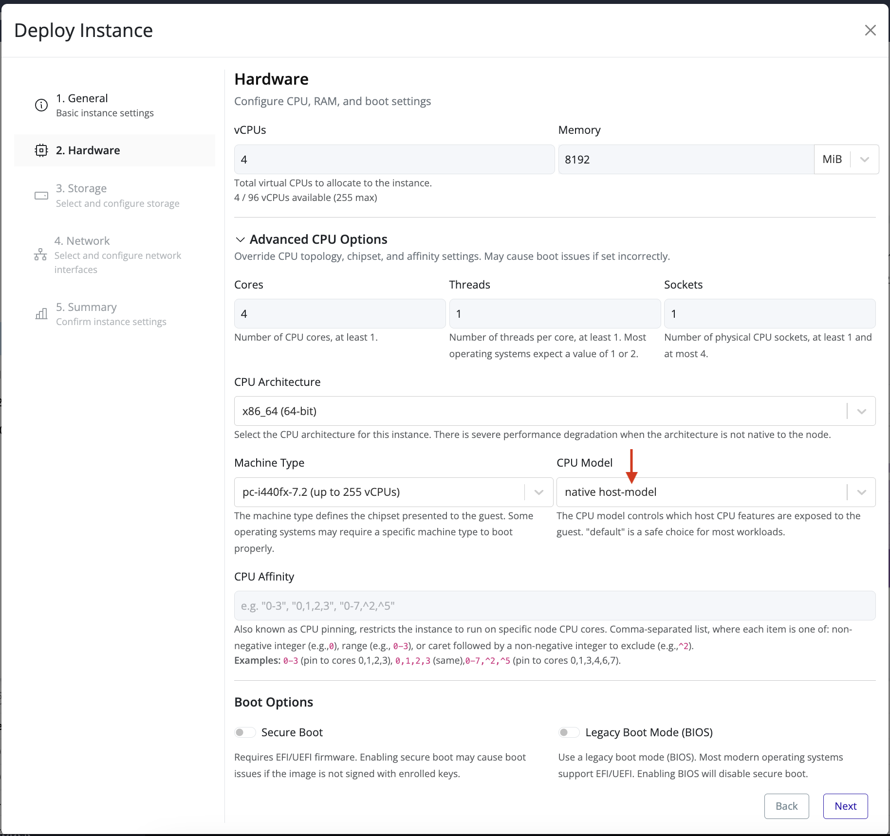 Pextra CloudEnvironment advanced CPU options with CPU model set to host-model