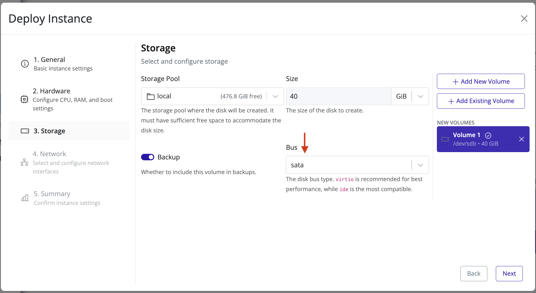 Pextra CloudEnvironment attach disk dialog with at least 40 GiB of storage selected