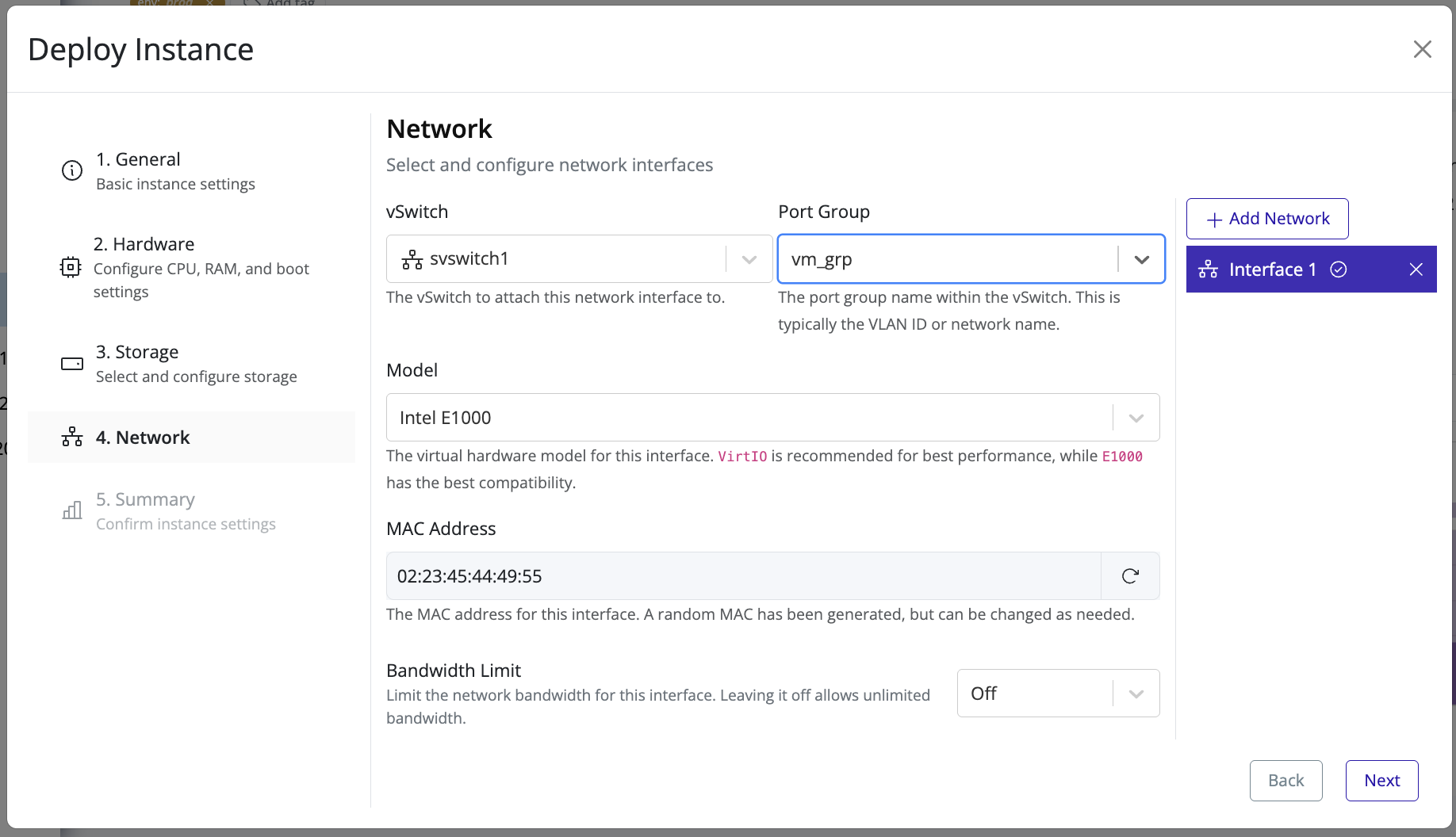 Pextra CloudEnvironment attach network interface dialog with DHCP enabled