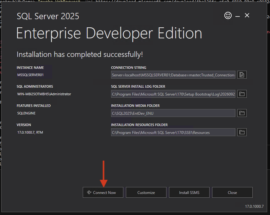 Command Prompt window with sqlcmd connected to the new SQL Server instance