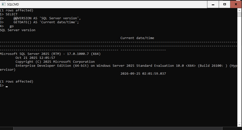 Command Prompt window showing the SELECT query result with the SQL Server version and current date/time returned by sqlcmd