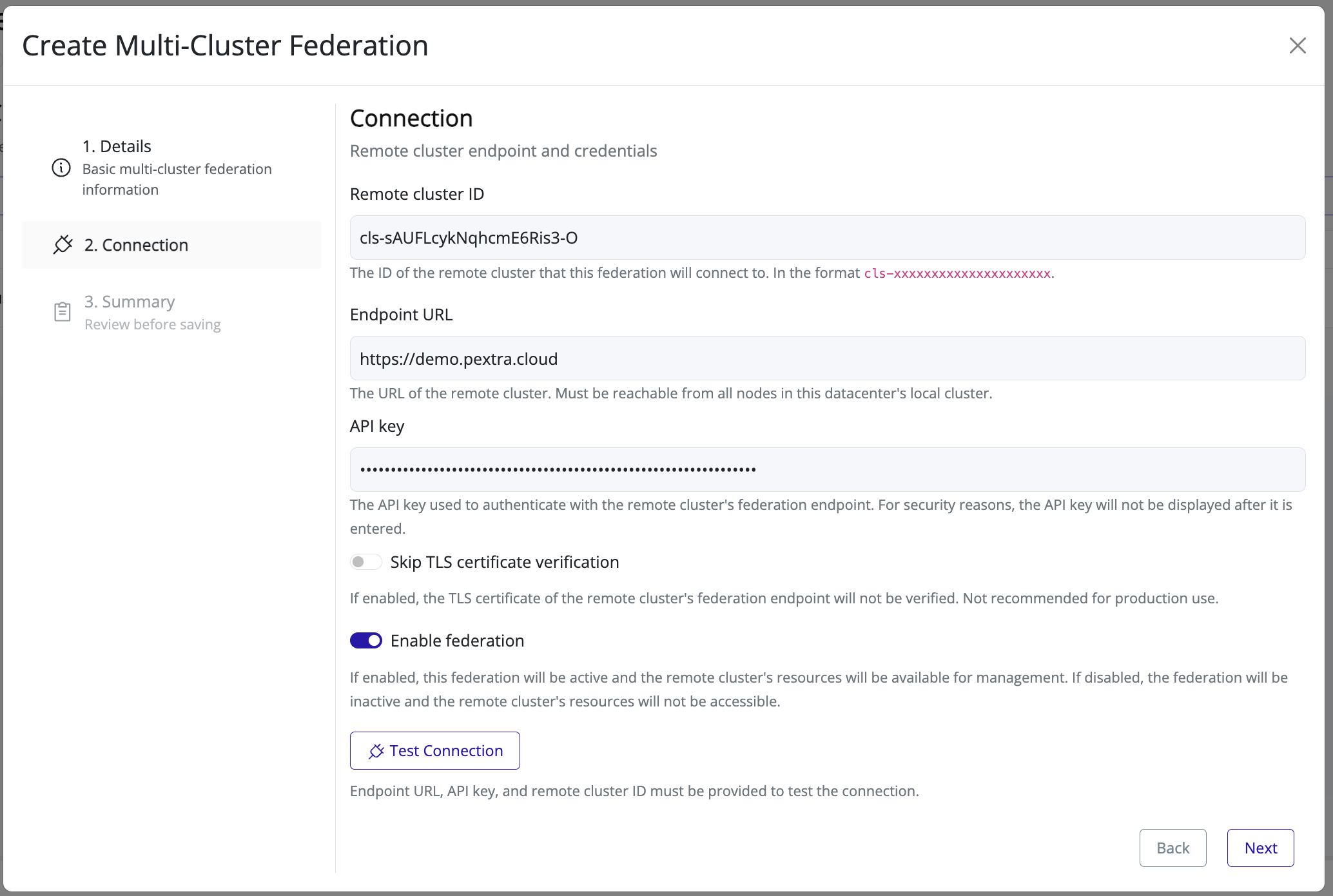 The Connection step of the federation wizard with remote cluster ID, endpoint URL, and API key fields