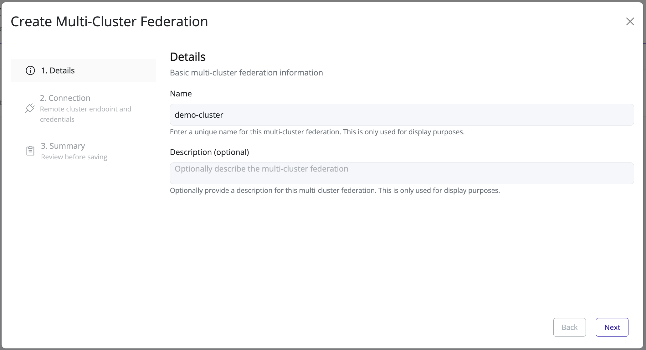 The Details step of the federation wizard with name and description fields