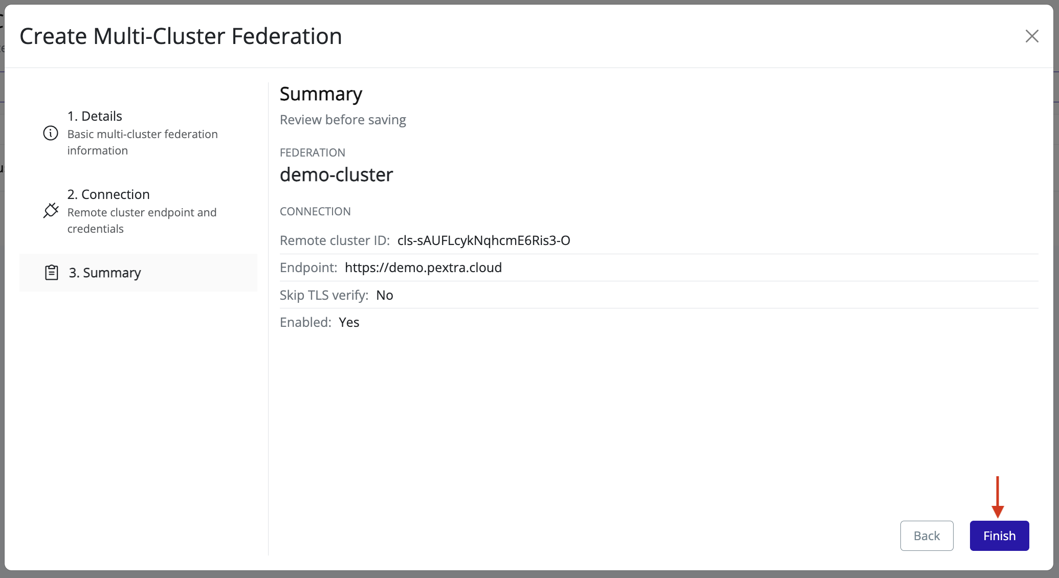 The Summary step of the federation wizard with review information