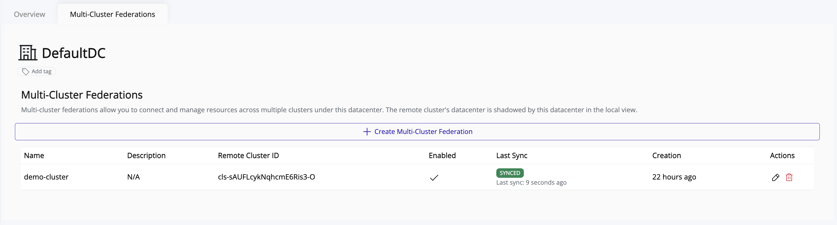 Multi-Cluster Federations tab in the datacenter page