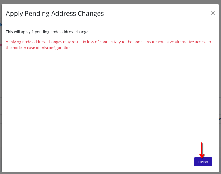 Confirmation dialog for applying address changes with Finish button