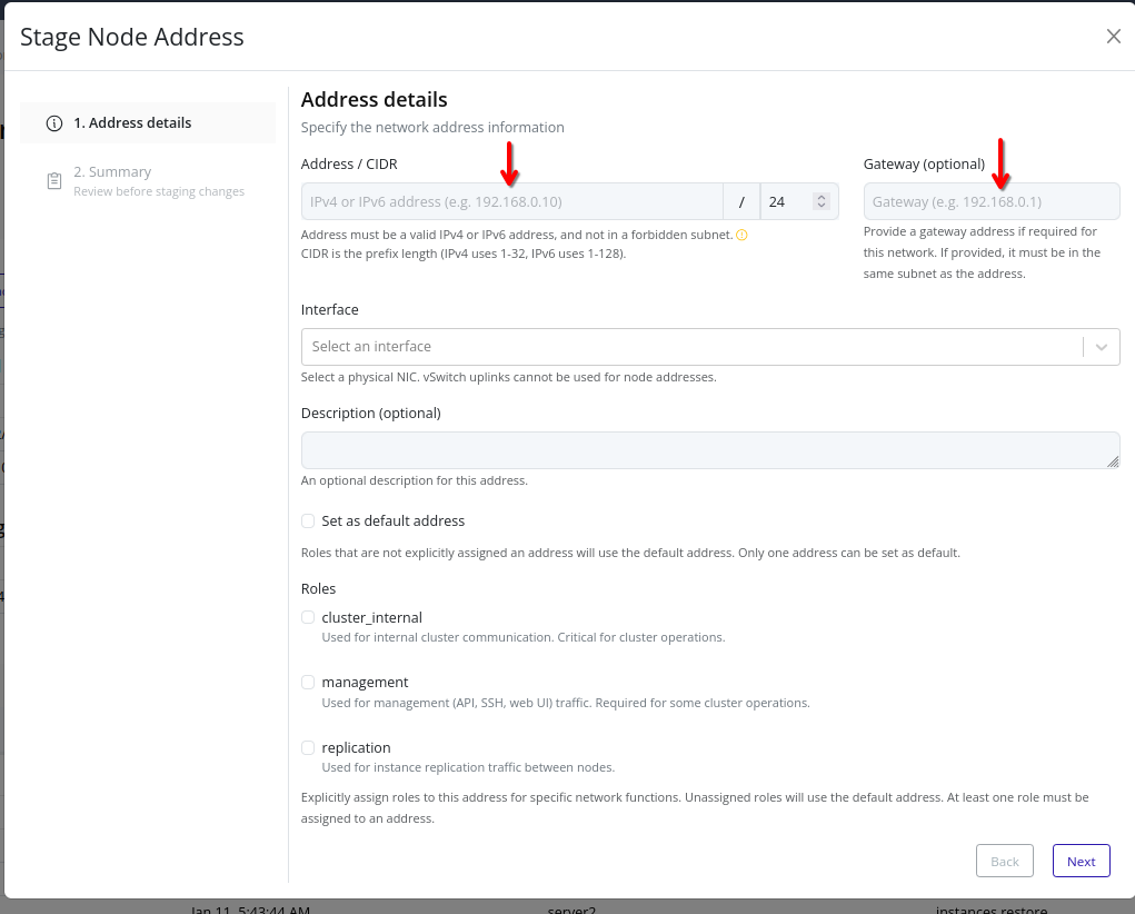 Dialog to enter address, CIDR, and optional gateway
