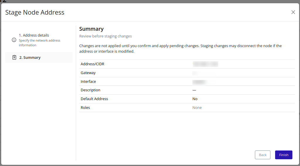 Summary dialog showing staged address details before finishing