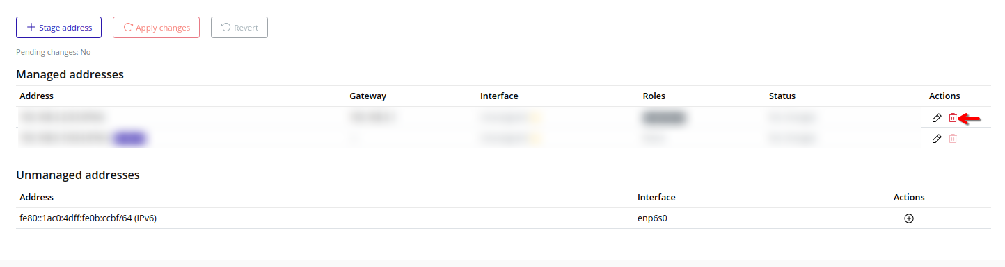 Managed addresses list showing trash icon to delete an address