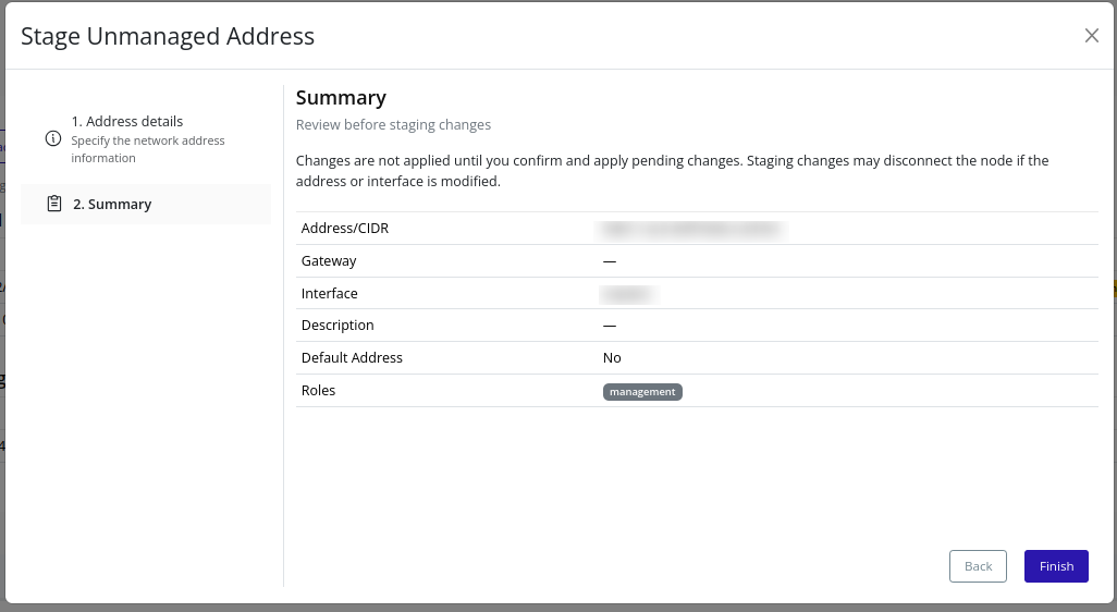 Screenshot of the summary screen showing the selected address details and roles before finishing the staging process.