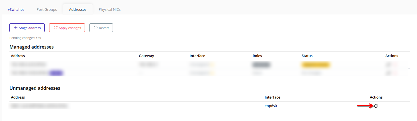 Screenshot of the Unmanaged addresses list showing a plus icon next to an address to convert it to a staged node address.