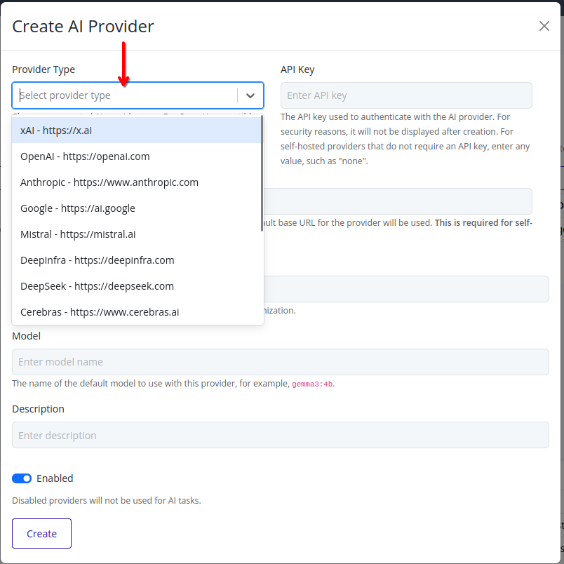 AI Provider type selection