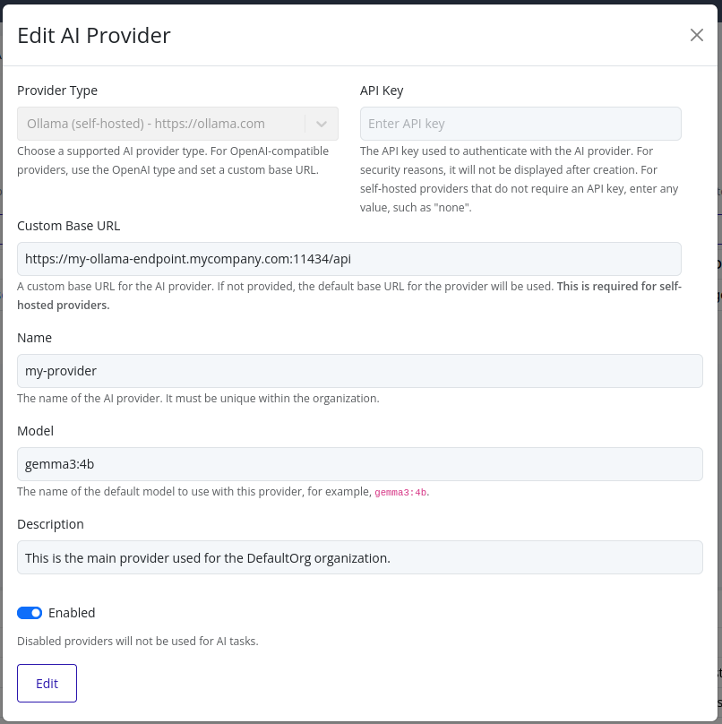 Edit AI Provider form