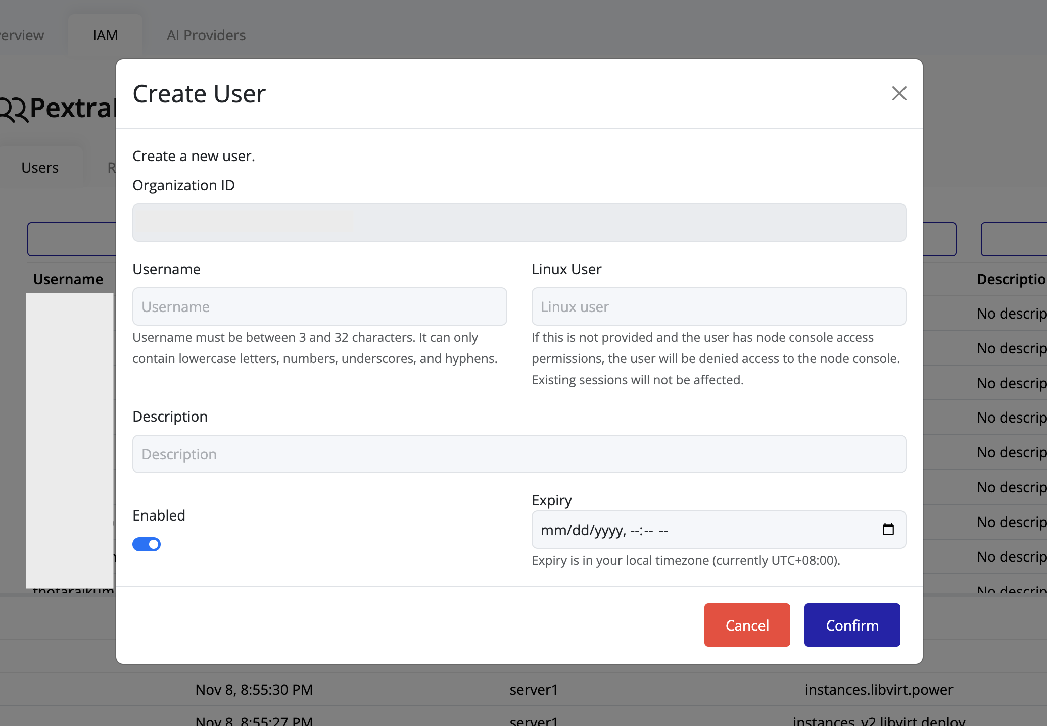 Create User dialog in IAM