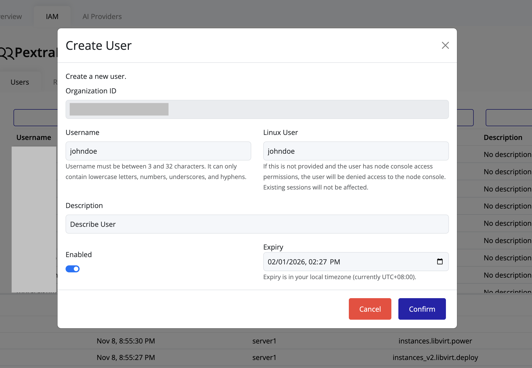 Create User dialog in IAM