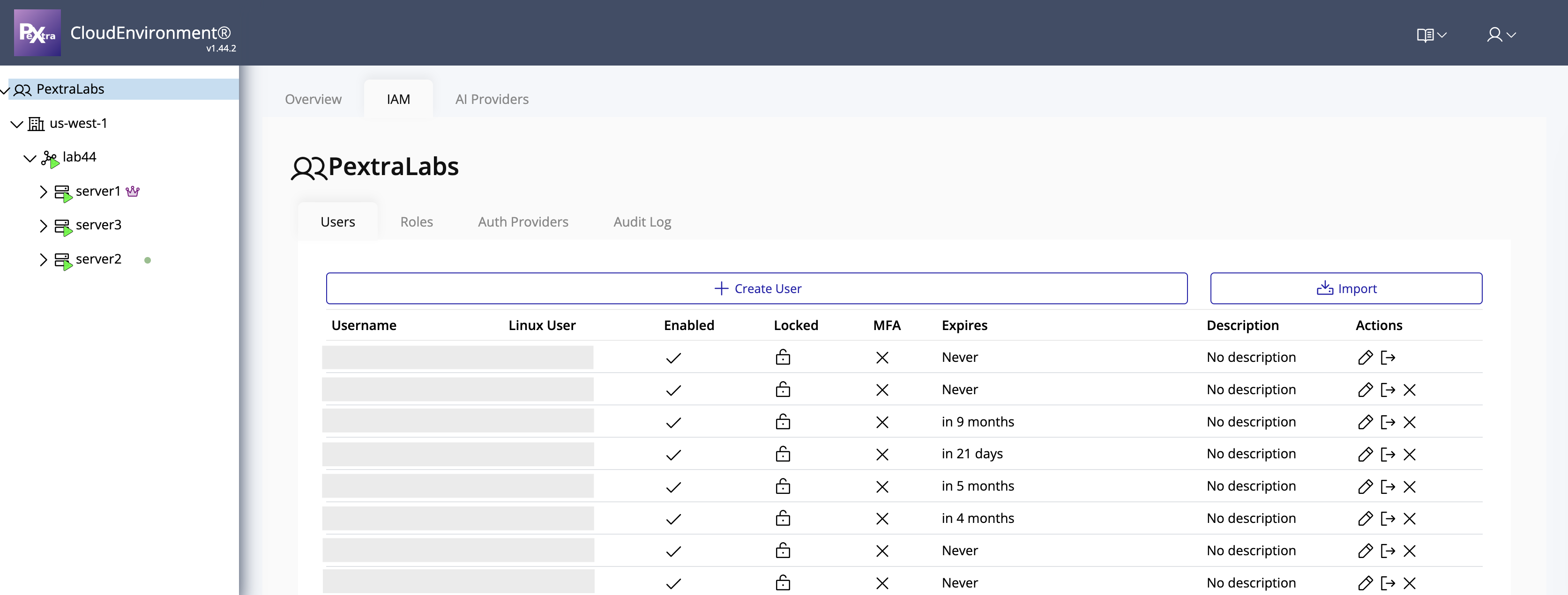 Users list in IAM view