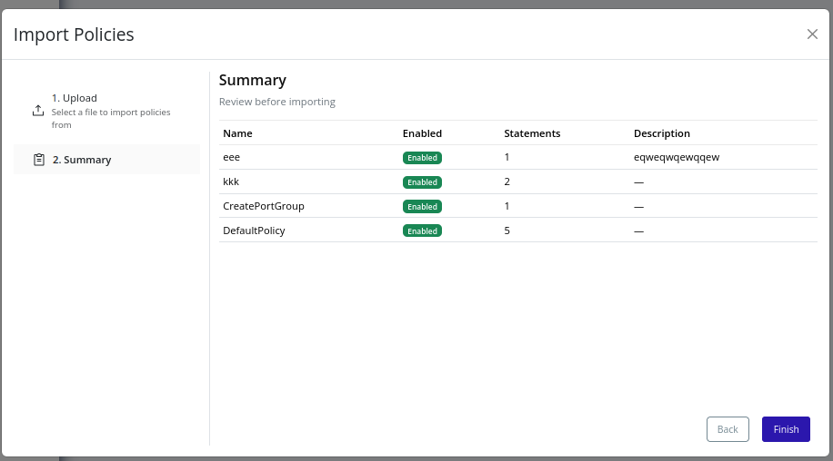 Import Policies summary