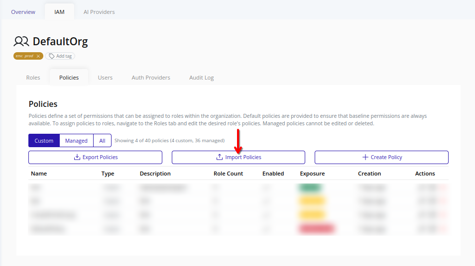 Import Policies view